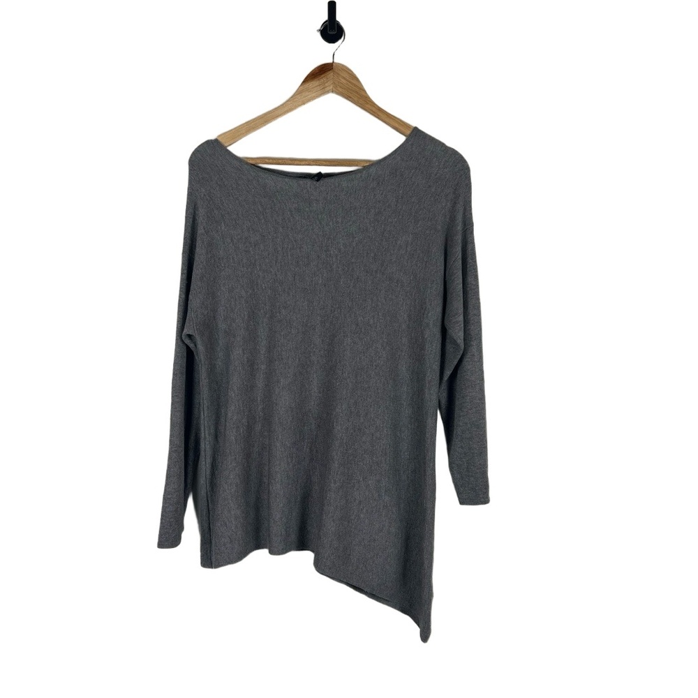 Eileen Fisher Knit Top Womens Size Large Gray Asymmetrical Hem Lagenlook Funky